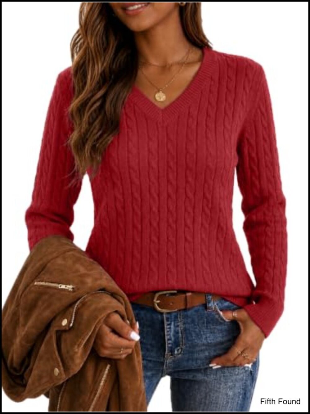 100% Cotton Cable Knit V-Neck Pullover Sweater Fitted Long Sleeve